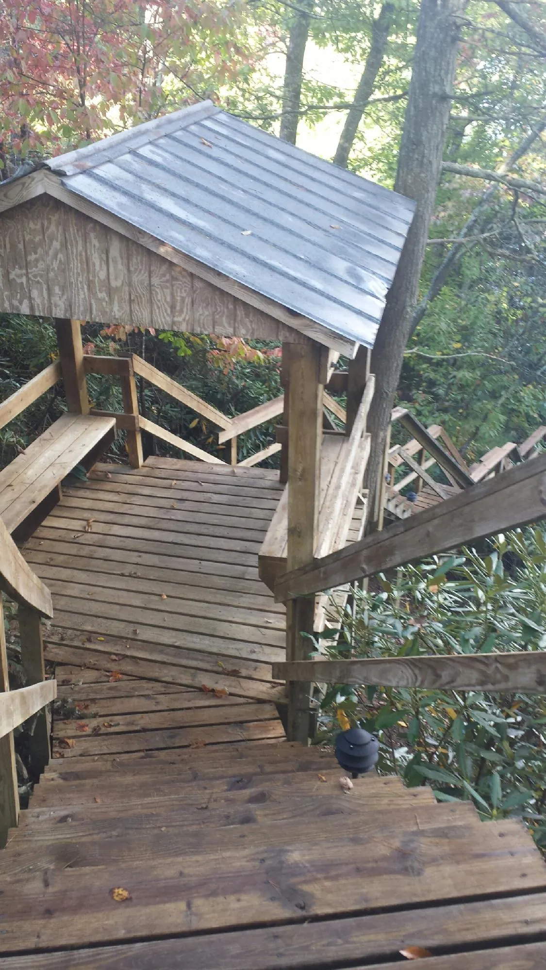 Metal roofed shelter over wooden steps on a wooded walkway — Skylight Repair & Installation work by our crew in Gray Summit